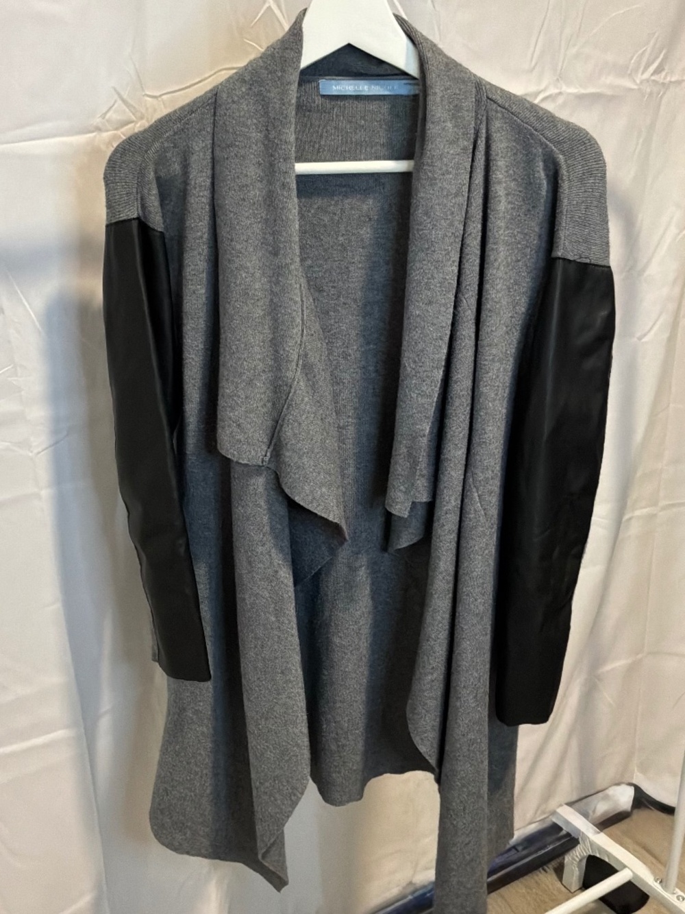 Michelle Nicole Grey Draped Open Front Cardigan Jacket Faux Leather Sleeves M